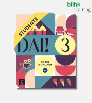 Levendige omslag van het Italiaanse cursusboek "Dai! 1 edizione solo digitale studente" met iconen van huizen, auto's en ijs; bovenaan staat het label "Studente".