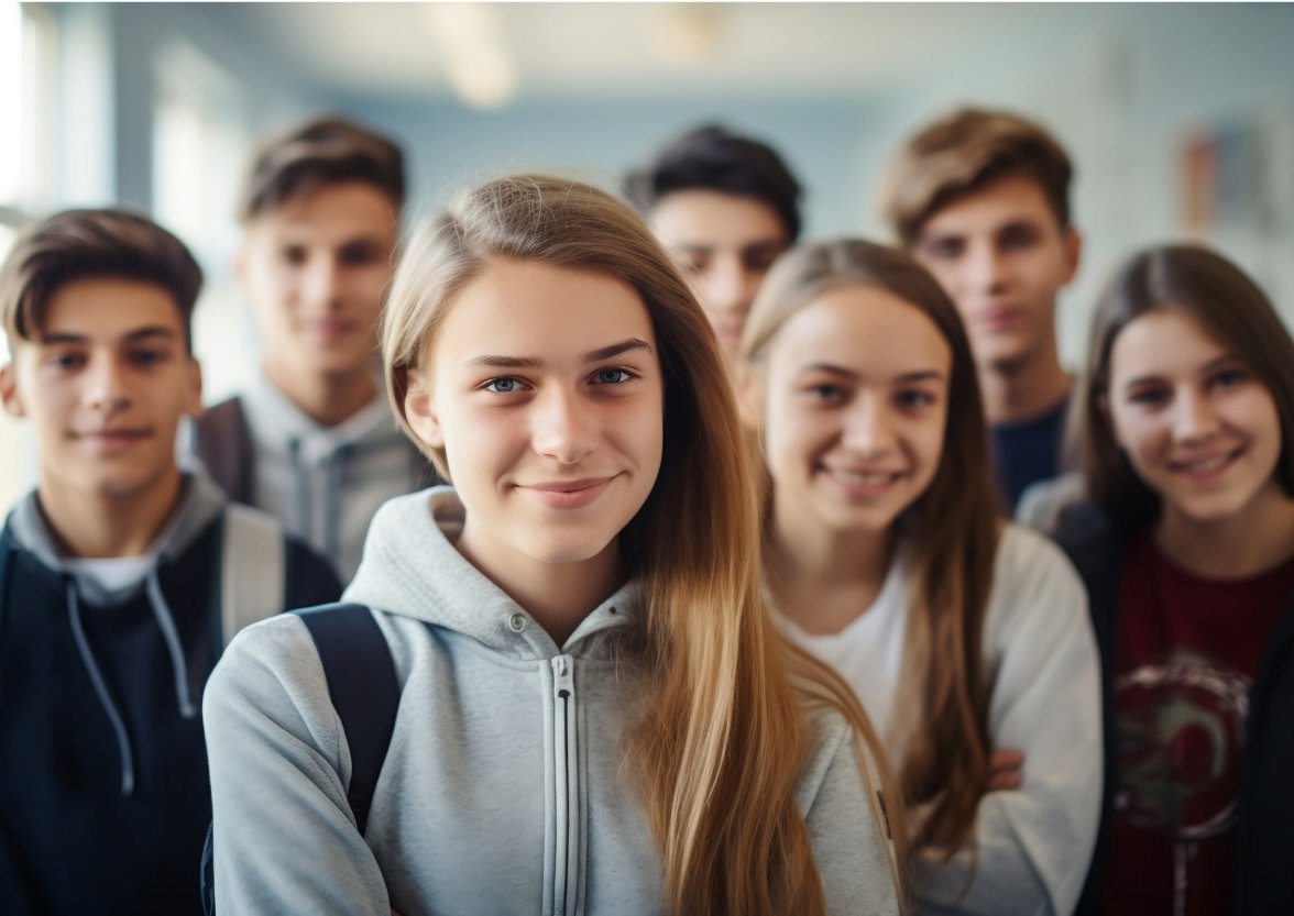 Een groepje lachende tieners staat samen in een gang, met op de voorgrond één meisje in een grijze hoodie.