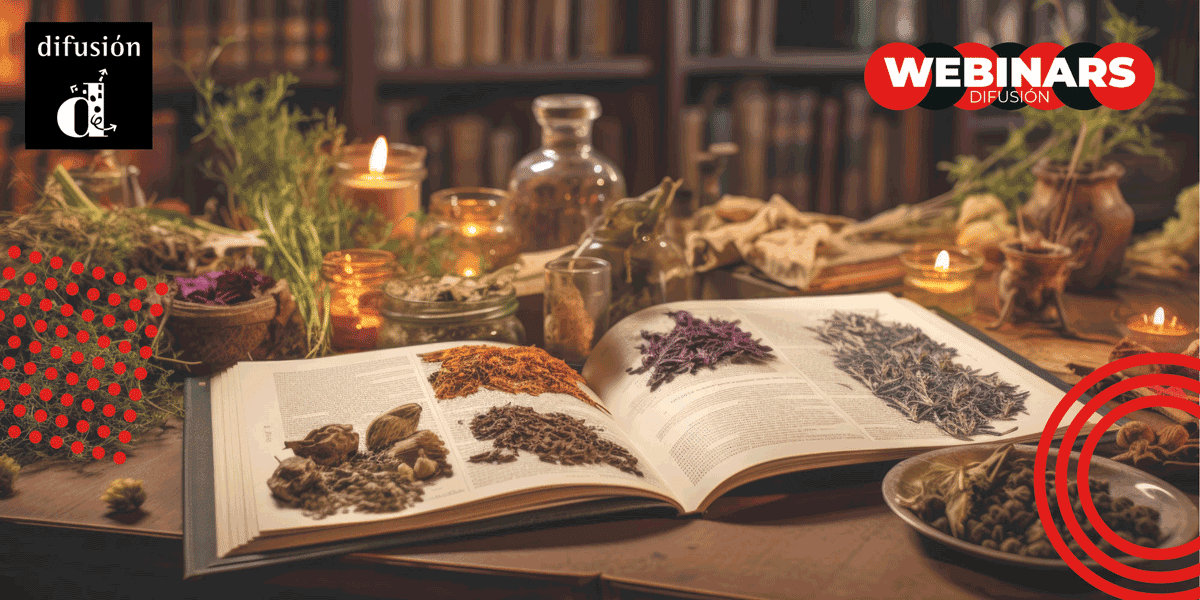 Een open boek toont gedroogde kruiden, omringd door kaarsen en potten op een houten tafel, met de tekst "WEBINARS" erboven.