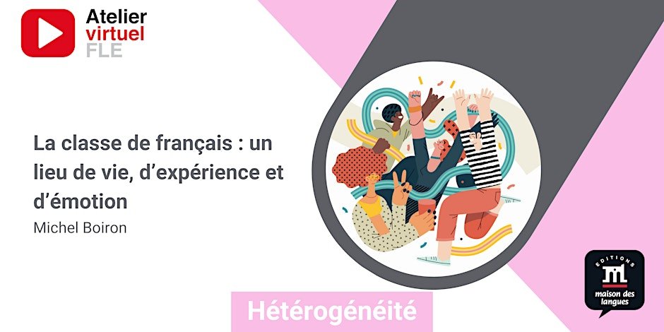 Illustratie van diverse, vrolijke mensen die een handreiking doen. Links worden details van een Franse workshop weergegeven.