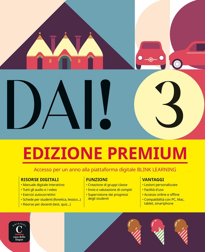 Levendige advertentie voor "Dai! 3 edizione Premium" met illustraties van huizen, auto's en ijsjes, met service-informatie.