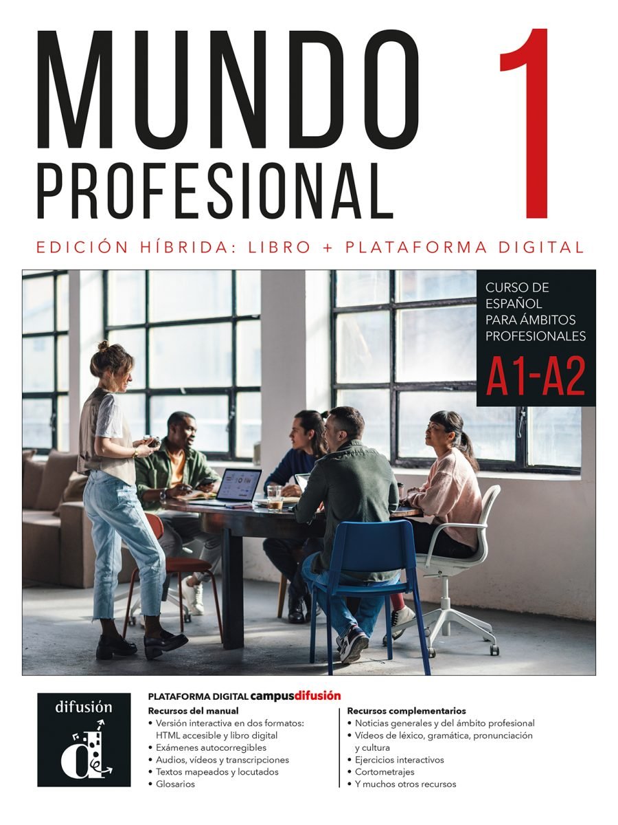 In een modern kantoor werken vier mensen met laptops; tekst promoot "Mundo profesional 1 (A1-A2) - Edición híbrida para estudiantes", een cursus Spaans ontworpen voor professionals.