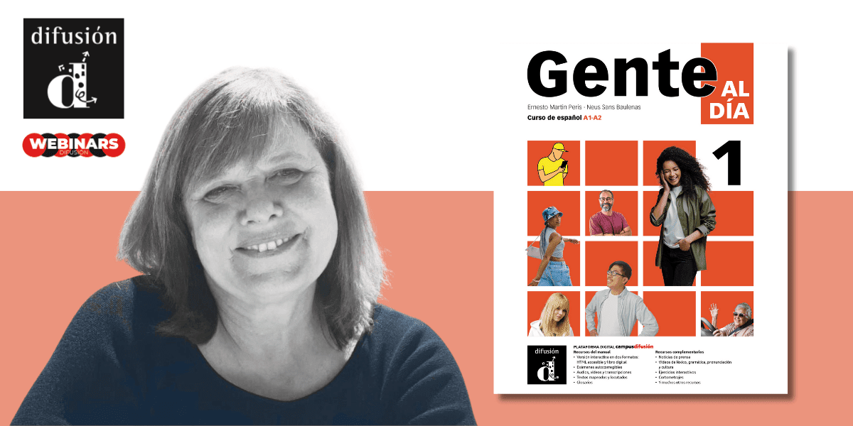 Lachende vrouw naast de omslag van een Spaans leerboek "Gente al Día 1", met diverse mensen en Difusión-logo's.